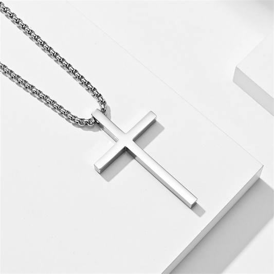 Mens Cross Charm Pendant Necklace in Stainless Steel