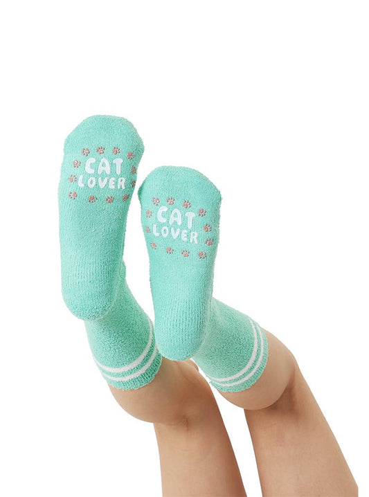 "Cat Lover" Fuzzy Crew Socks w/ Bottom Grip Phrase - Teal