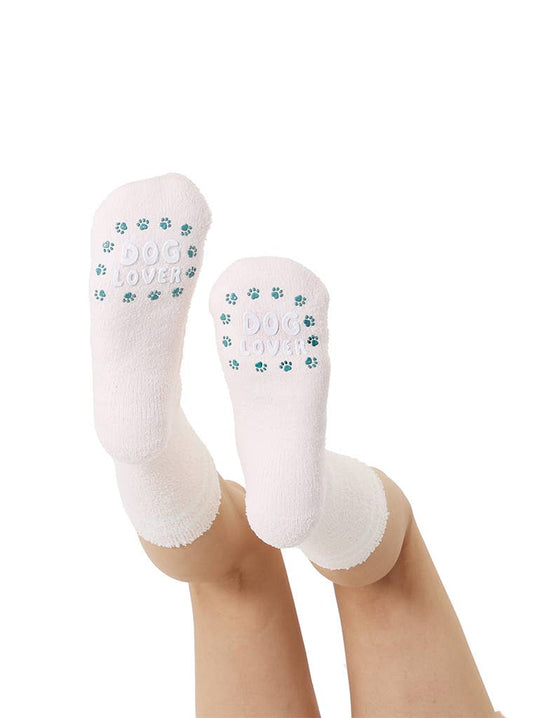 "Dog Lover" Fuzzy Crew Socks w/ Bottom Grip Phrase - Cream